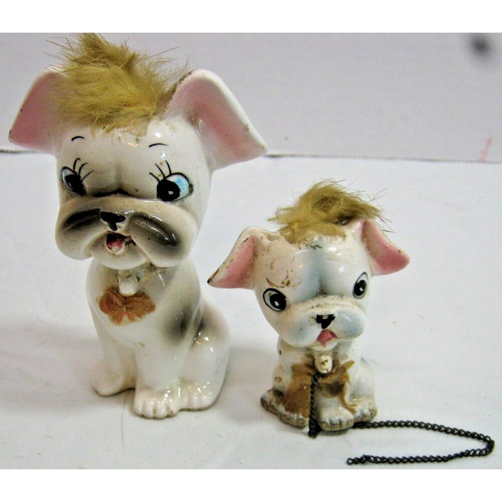 Vintage Blue & White Ceramic Adorable Dog Figurine with Fur Japan 1960's
